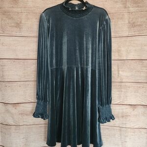 Easel Velvet Long Sleeve Smocked Dress Dusty Teal - 1X